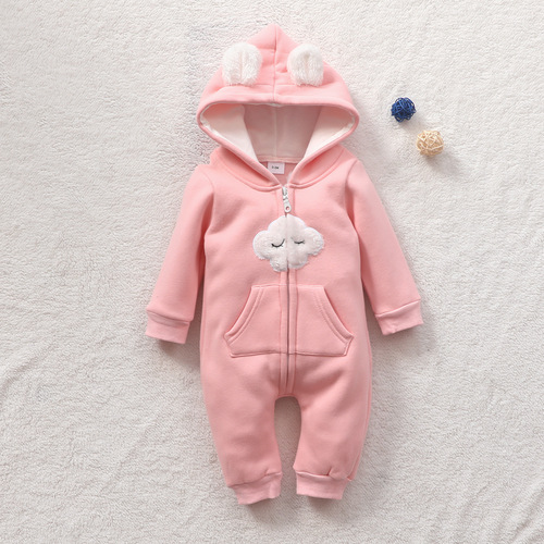 European and American children's clothing 0-2 years old cloud hoodie one-piece suit cotton rabbit ears zipper long sleeves long legs hat bag fart suit