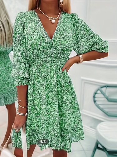 European and American drapes and waist skirts New women's clothes floral dress European and American dress V-neck