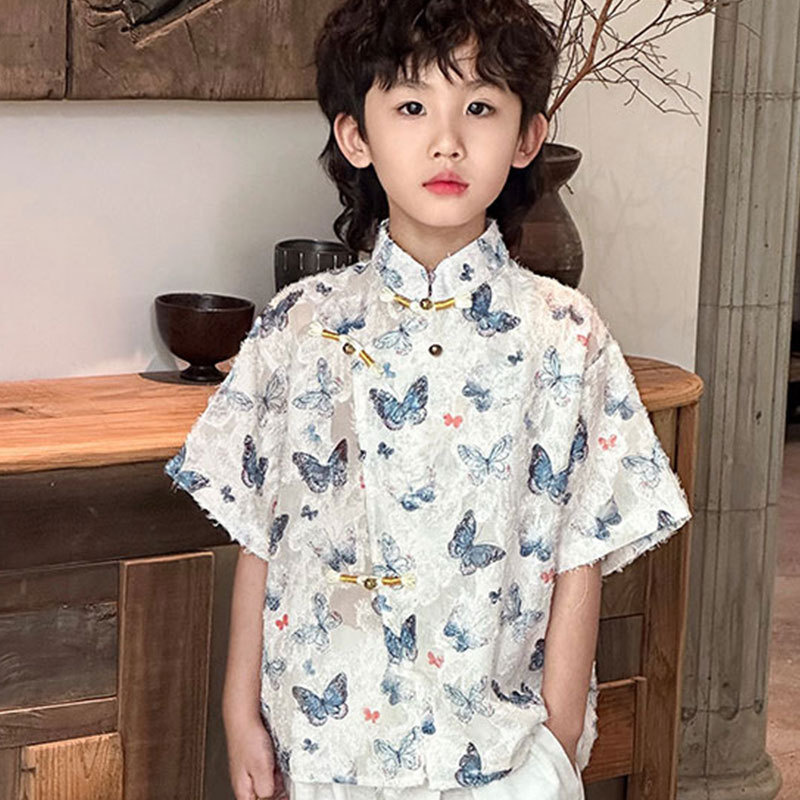 2025新中式儿童套装 男童蝴蝶提花上衣 + 白色棉麻阔腿裤一件代发|undefined
