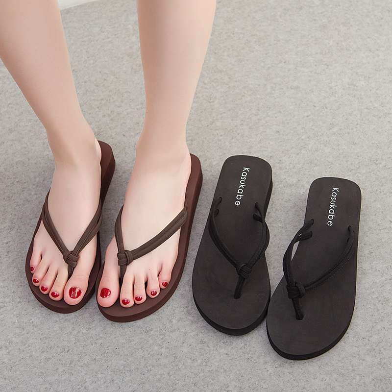 Thick-Soled Wedge-Heeled Medium-Heeled Flip-Flops for Women's Outdoor Wear Flat-Soled Slippers Double-Strap Beach Slippers Non-Slip Sandals