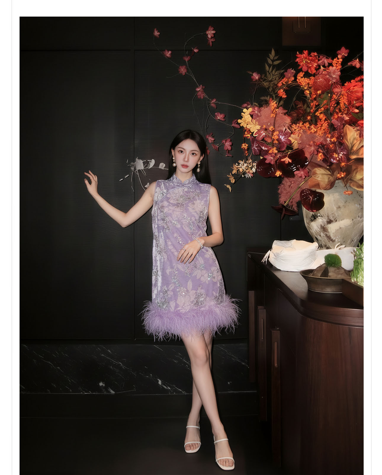 Đầm maxi nữ thắt eo phong cách cổ điển sang trọng kết hợp lông đà điểu và đính sequin thêu — màu tím chi tiết 10