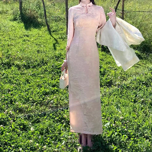 【甜月香】新中式珠光提花改良旗袍裙子女2025早秋立领镂空连衣裙|undefined