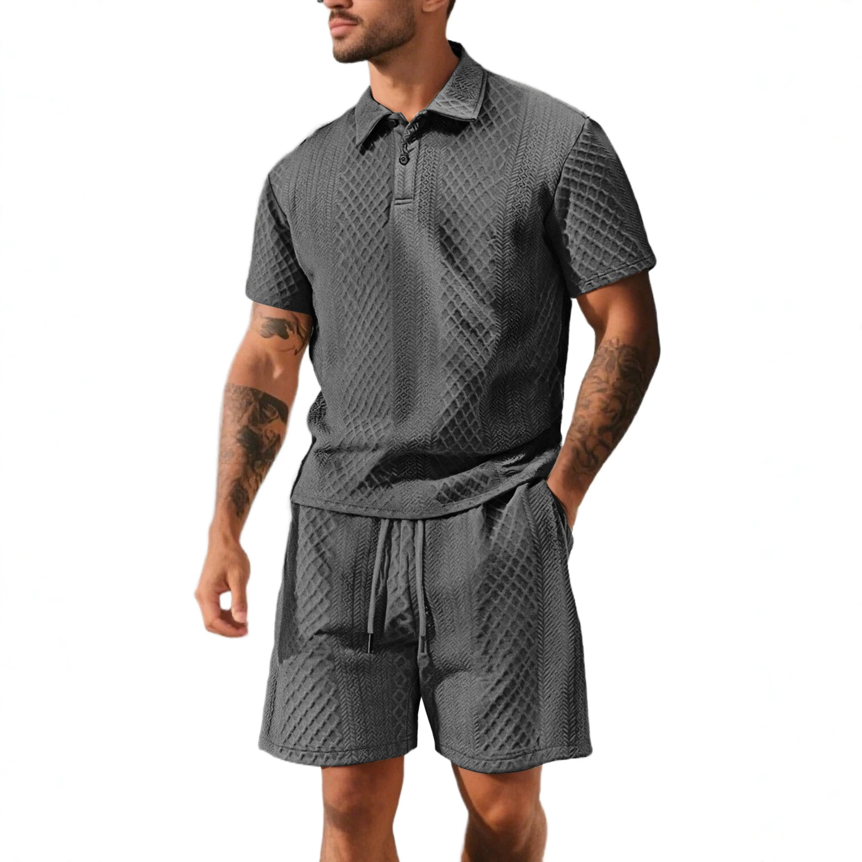 Nuevo conjunto deportivo informal de manga corta para hombre, estilo europeo y americano TK, con tela jacquard a cuadros, fino, para verano.