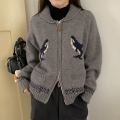 秋冬装韩版慵懒气质重工海豚提花图案翻领拉链毛衣针织开衫外套