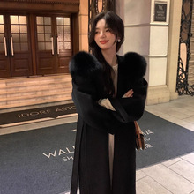 清仓2025毛呢外套秋冬新狐狸毛领中长款连帽皮草双面羊绒大衣女特