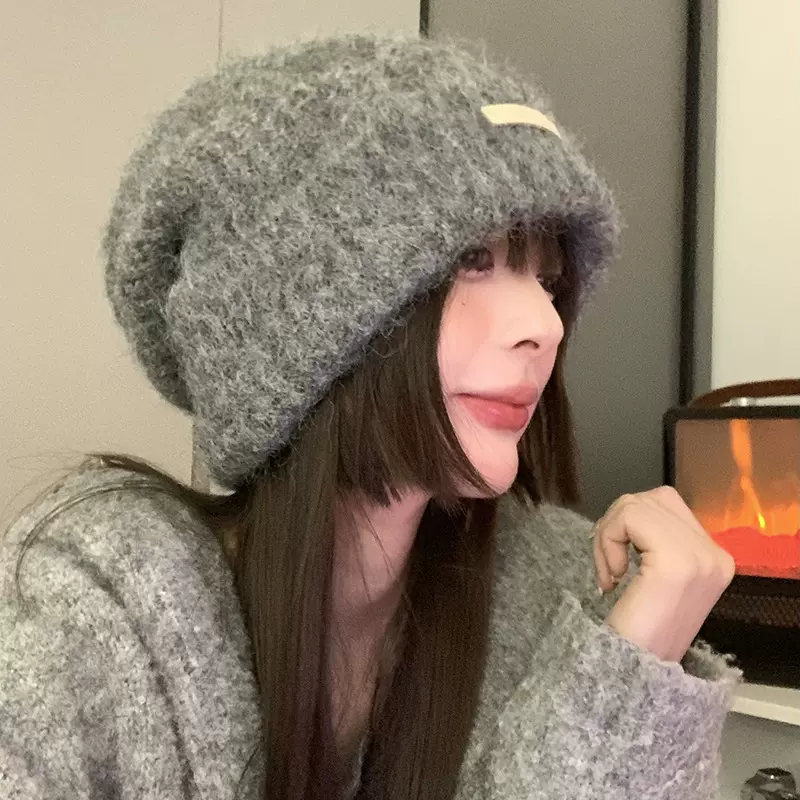 含羊毛秋冬毛线堆堆帽大头围百搭灰色冷帽保暖帽子情侣护耳针织帽