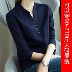 大码胖妹妹V领T恤230斤宽松显瘦春秋季长袖打底衫女上衣薄款