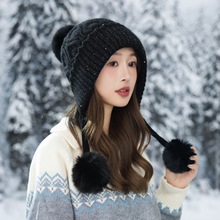 三毛球兔毛帽子女秋冬韩国大头围加厚护耳帽针织帽防寒加绒毛线帽