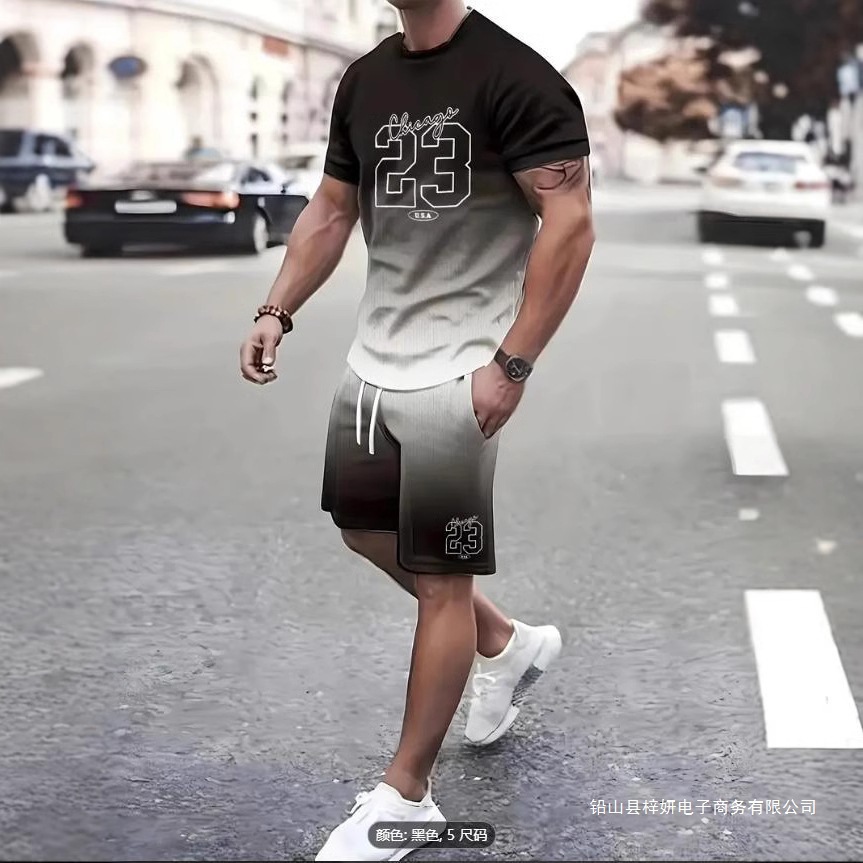 국경 간 TEMU-SHEIN3D 디지털 인쇄 남성 여름 반팔 트렌디 티셔츠 비치 바지 정장 POD