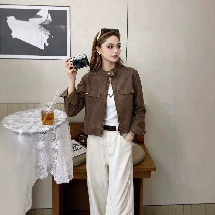 2026 Autumn New Stand Collar Suede Short Jacket for Women, Vintage Stylish Workwear Zipper Jacket for Petite Women 2026 Autumn New Stand Collar Suede Short Jacket for Women, Vintage Stylish Workwear Zipper Jacket for Petite Women