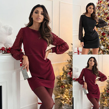 跨境外贸2025亚马逊欧美女装简约时尚纯色圆领亮片长袖拼接连衣裙