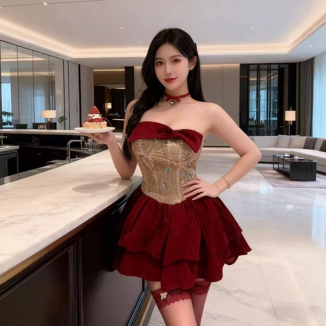 One-Shoulder French-Style Maid Costume Dress with Neck Ring, Waist-Cinching Puffy Mini Skirt — detail image 1