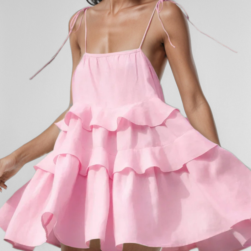外贸跨境2024新款亚马逊欧美女装性感百褶吊带连衣裙露背绑带短裙