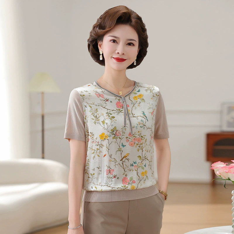 Модная женская трикотажная футболка из шелкового шелка для мам с принтом, летний стильный свободный топ с короткими рукавами для людей среднего и пожилого возраста, закрывающий живот.