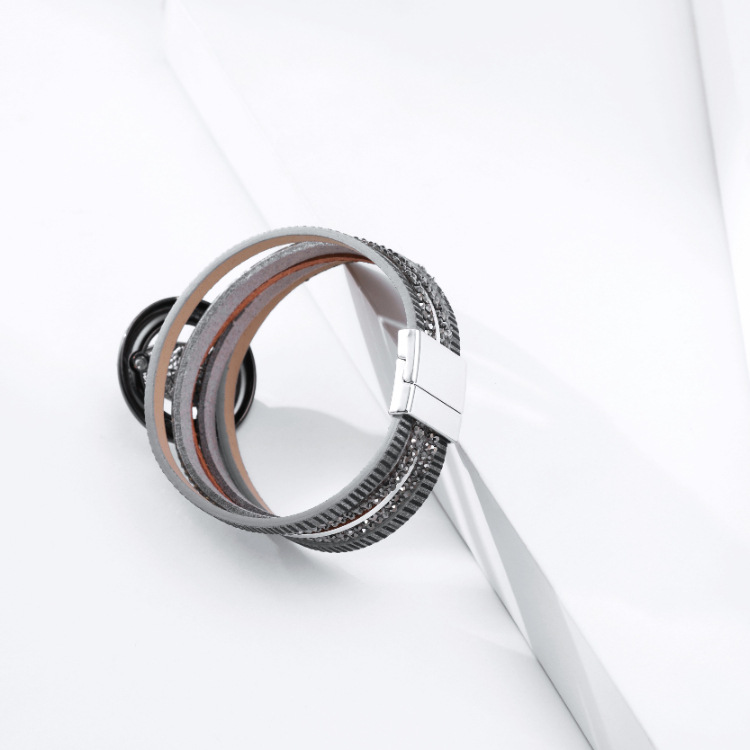 Bohemian Multilayer Hot Rhinestone Leaf Leather Bracelet