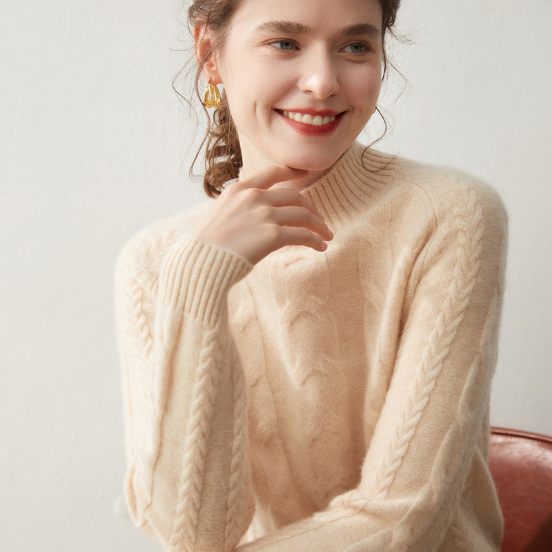 100% Pure Cashmere Knitwear for Women, Half Turtleneck, Thickeneded Twisted Pattern, Loose Slimming Look, Retro Versatile Knitted Knitwear, Bottoming Knitwear 100% Pure Cashmere Knitwear for Women, Half Turtleneck, Thickeneded Twisted Pattern, Loose Slimming Look, Retro Versatile Knitted Knitwear, Bottoming Knitwear