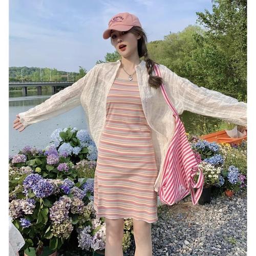 Small pear-shaped figure French pink striped short suspender dress short skirt summer 2024 new style for women