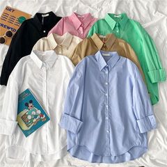 春と秋の純色は韓国版の長袖のシャツを合わせます。