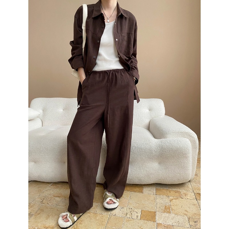 司南松弛氛围感老钱风天丝苎麻长袖衬衫抽绳休闲裤套装