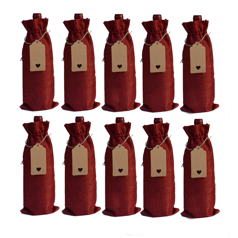 Bolsa de botella de vino tinto 10 piezas bolsa de vino tinto de lino Traje + etiqueta bolsa de embalaje de vino tinto bolsa de cordón de lino en stock