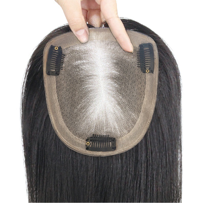 Bloque de reemplazo de cabello tejido a mano Xuchang fábrica al por mayor de pelucas de cabello blanco que cubre la pieza de reemplazo de cabello pieza de Peluca de cabeza femenina cabello real