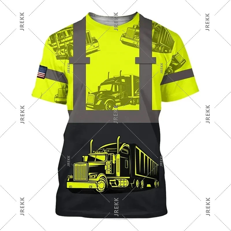 3D Printing Fun Truck Driver Uniform T-Shirt Men's Round Neck Short Sleeve Work Clothes Casual Personality Fake Stripe T-Shirt