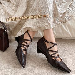秒變腿精~尖頭復古中跟瑪麗珍鞋早春新款交叉綁帶坡跟真皮單鞋女