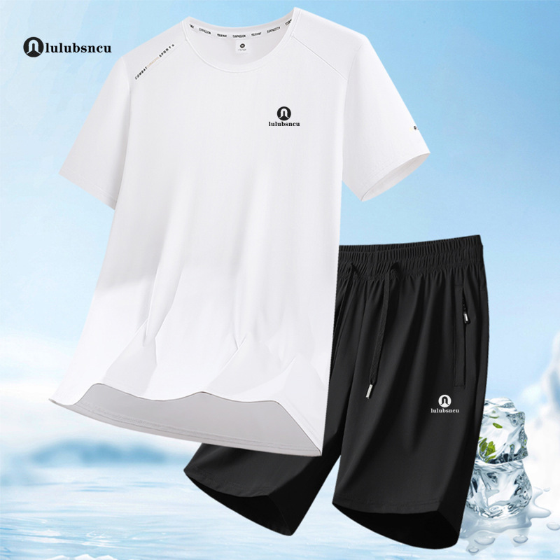 Lulu Sports Suit Men's Fitness Clothing Summer Running Quick-Drying Short-Sleeved T-Shirt Training Ice Silk Shorts Two-Piece Set