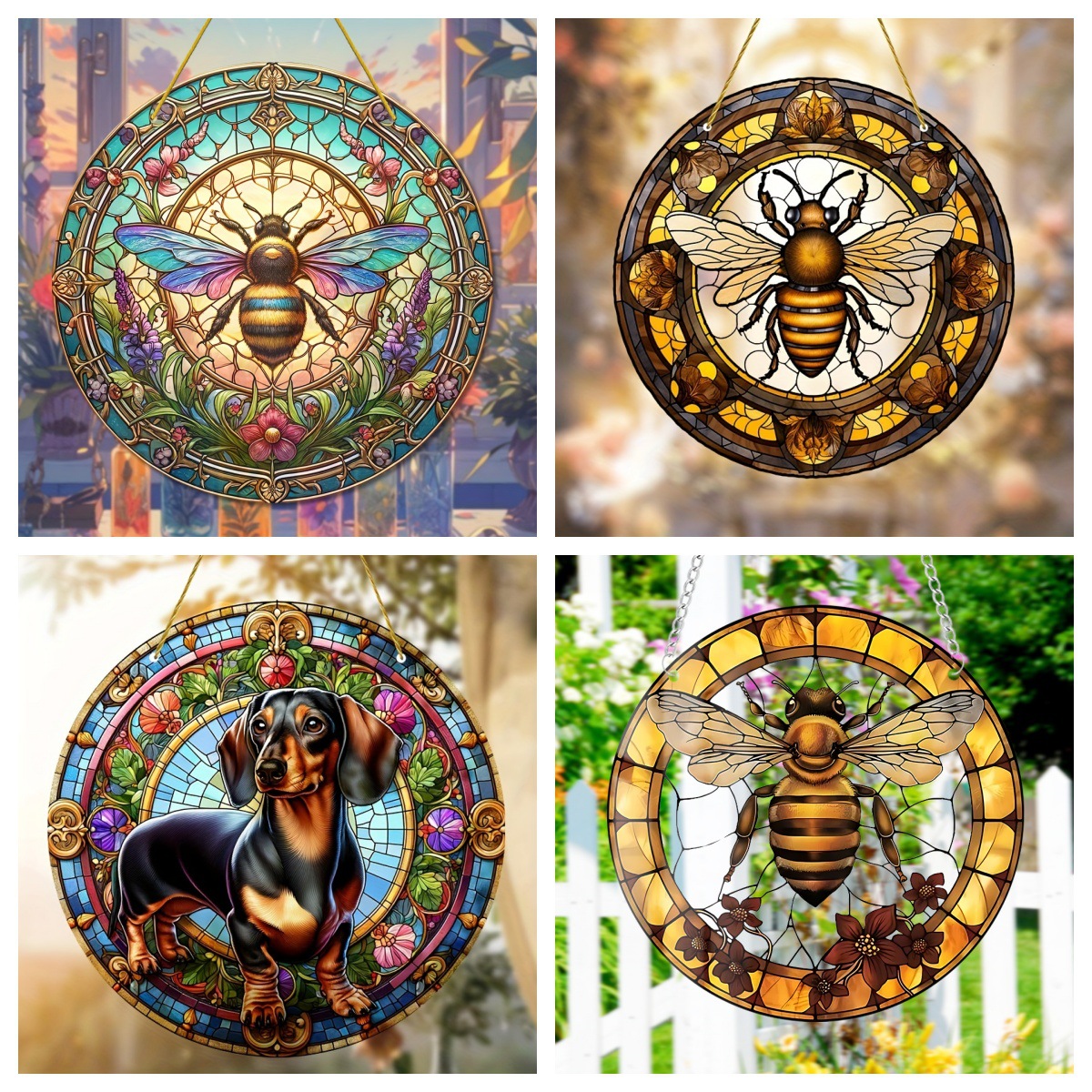 跨境亚克力蜜蜂吊饰彩色玻璃悬挂春季花环室内外装饰墙面门廊挂件