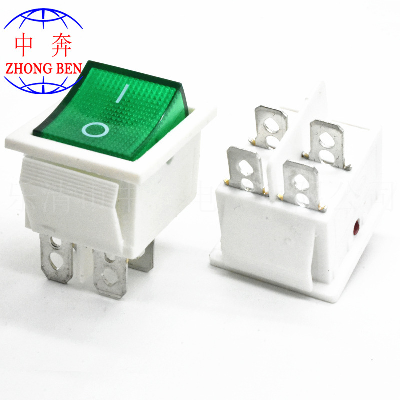 KCD4 白色底座 绿色带灯翘板开关 4脚2档船型开关 绿色电源开关