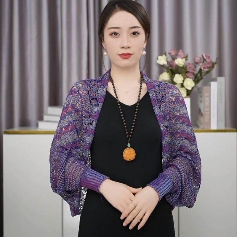 新型韓国版百合サテンカラー透かし彫り長袖ストール女性夏氷糸エアコンルームストール頚椎カーディガン肩|undefined