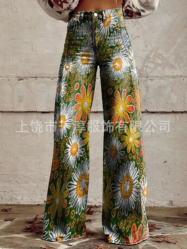 跨境欧美独立站爆款数码印花假牛仔女士阔腿裤 女士喇叭修身长裤|undefined