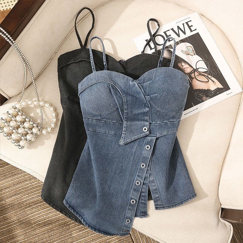 Irregular Style Spicy Girl Pure Desire Denim Tube Top Camisole for Women, Summer Outerwear, Sexy Slim-Fit Bustier Short Top