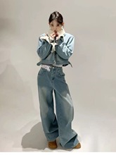 韩国东大门冬季洋气加绒加厚圣诞浅蓝牛仔套装女外套阔腿牛仔裤潮