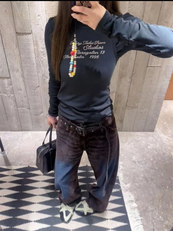 【现货】AC 25秋新款假两件圆领徽标印花修身显瘦长袖T恤打底上衣|undefined
