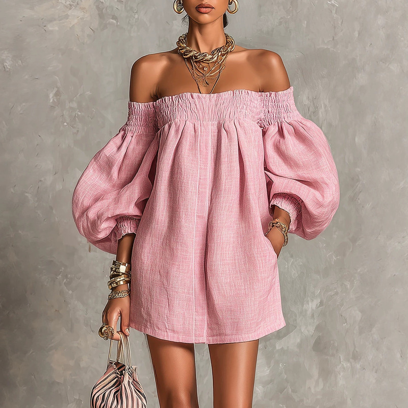 2026 Autumn European and American Style Elastic Off-Shoulder Lantern Sleeve A-Line Loose Mini Dress Exclusively for Cross-Border Fashion Short Dresses