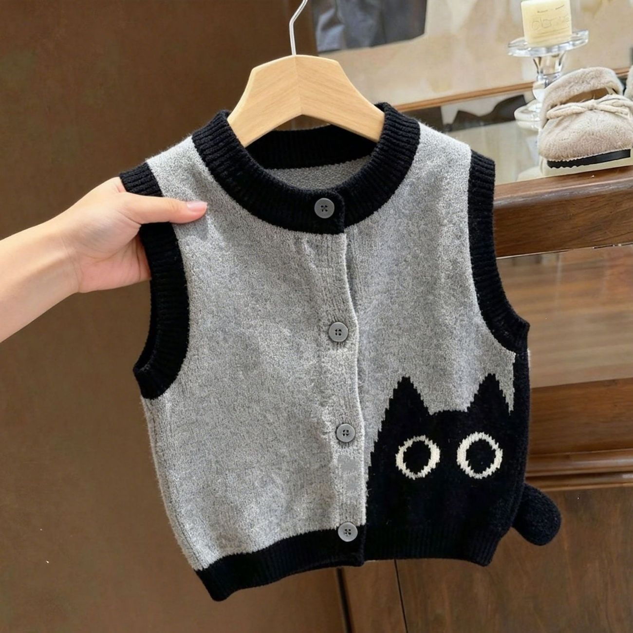 Children's Cute Cartoon Knitted Vest, New Early Autumn Korean Style, Color-Contrast Sweater Cardigan for Boys and Girls 0138A299