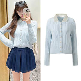2025早春新款重工珍珠饰娃娃领显瘦温柔风气质时尚减龄针织开衫