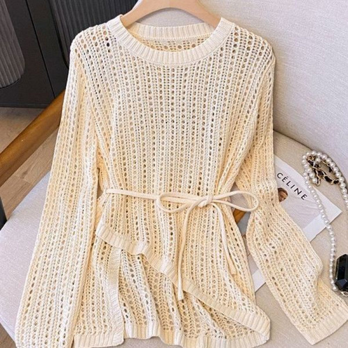 Summer Bestselling Thin Lazy Style High-Grade Air Conditioner Cover Shirt Crew Neck Irregular Crochet Lattice Knit Shirt for Outside Wear New