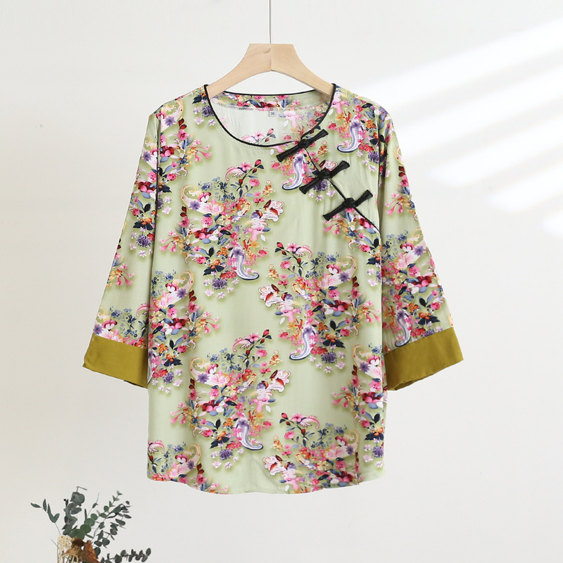 2025 Summer New Retro Cotton Silk Short-Sleeved T-Shirt for Women, Versatile Loose Belly-Covering Floral Shirt, New Chinoiserie 2025 Summer New Retro Cotton Silk Short-Sleeved T-Shirt for Women, Versatile Loose Belly-Covering Floral Shirt, New Chinoiserie