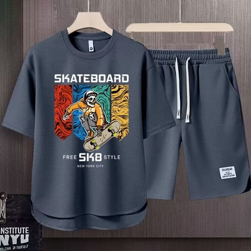 Men's Clothing 2024 Waffle Casual Summer Suit Men's Loose Teen Short sleeved T shirt Shorts Handsome Two piece Suit_desvips.com