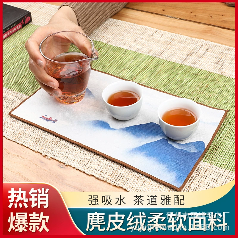 Оптовая продажа замшевых чайных салфеток с индивидуальным логотипом, утолщенных, впитывающих, квадратной формы, для защиты от горячих чайников, с рисунком в китайском стиле.