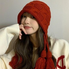 流苏毛线帽子女秋冬天韩版保暖护耳红色针织帽甜美百搭套头帽冷帽
