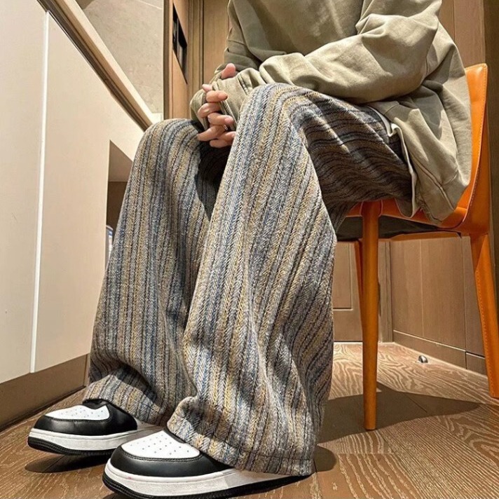 Men's and Women's Casual Pants Retro Woolen Pants Vertical Stripe Wide Leg Pants Men's Spring and Autumn American Casual Pants