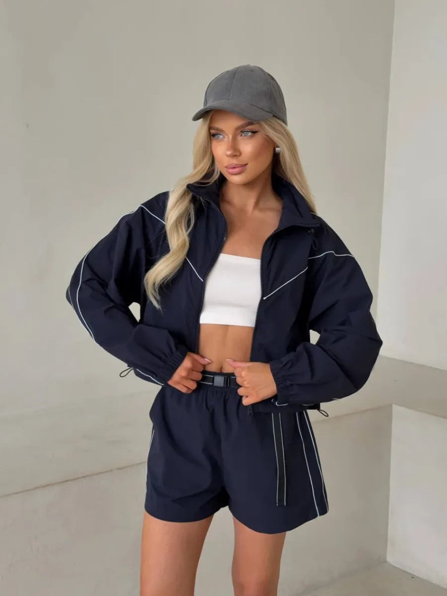 Women's Two Piece Set Solid Long Sleeve Zip Up Cardigan And Shorts_voghion.com