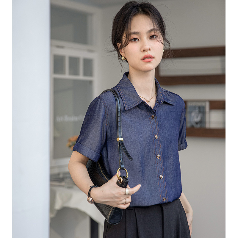 Real Shot of Blue Tencel Denim Shirt Women's Short-Sleeved Summer 2025 New Hong Kong Style Retro Right Shoulder Small Top Real Shot of Blue Tencel Denim Shirt Women's Short-Sleeved Summer 2025 New Hong Kong Style Retro Right Shoulder Small Top
