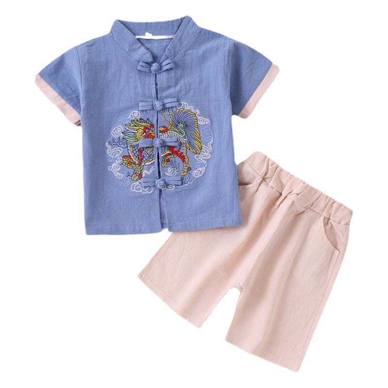 Children's Clothing Han Dynasty Summer 2022 New Style Cotton and Linen Short-Sleeved Suit for Boys and Girls Chinese Style Embroidered Tang Suit Ethnic Style