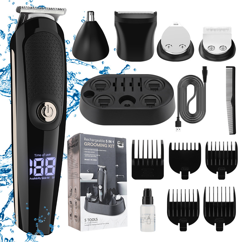 Corte de pelo eléctrico impermeable transfronterizo afeitador multifuncional afeitador para hombres tijeras eléctricas de empuje 5 en 1 aparato de pelo nasal