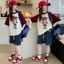 2024夏季新款女童套装夏装中大童韩版拼色短袖卡通女孩牛仔裤套装