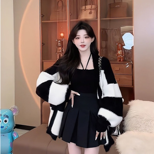 Gentle and Lazy Style Knitted Cardigan for Women in Autumn and Winter, Soft and Waxy Loose Mid-Length Stripesd Jacket, Milky Thickeneded Sweater